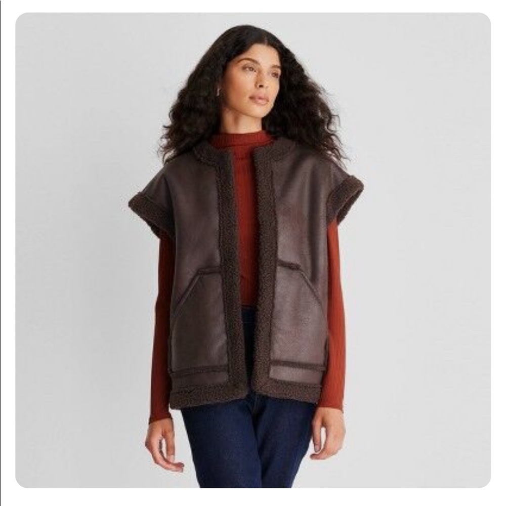 NWT Faux Shearling Lined Leather Vest - Future Collective in Dark Brown Size XL